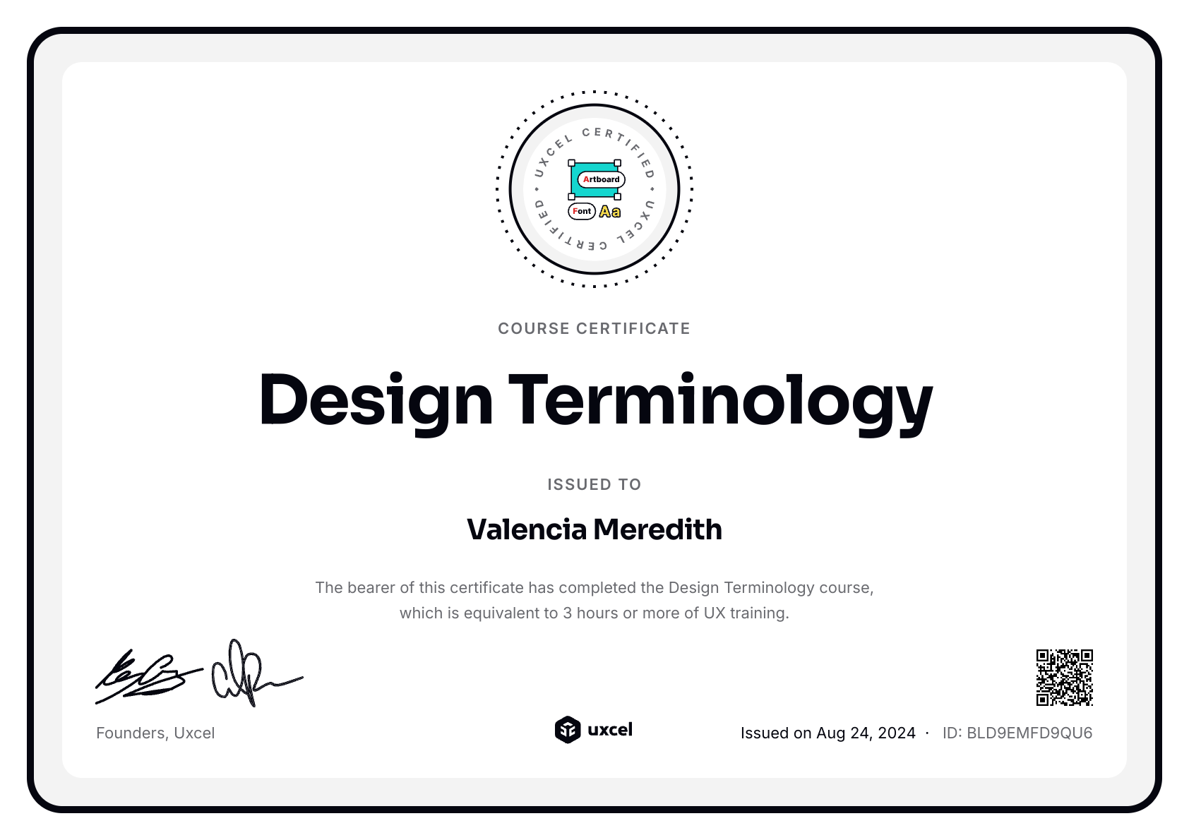 Valencia Meredith's certificate